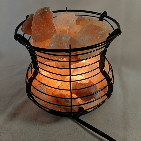 Himalayan Salt Lamp Pink Black Wire Basket Light Accent Lamp Metal Large Big - Picture 10 of 13